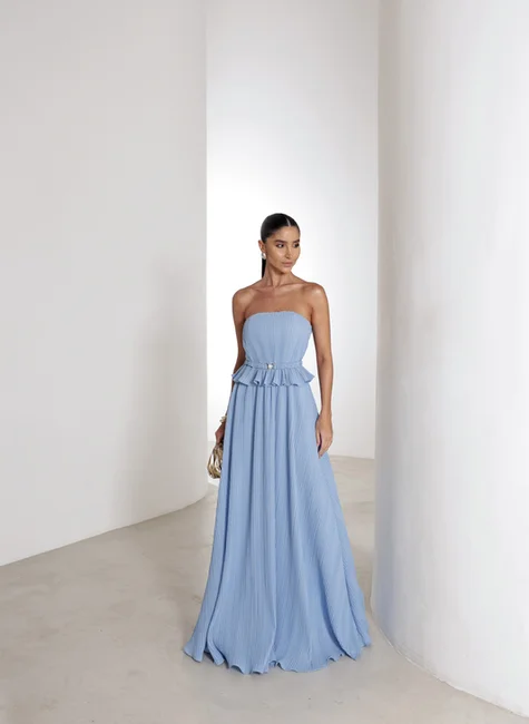 VESTIDO LONGO CREPE PLISSADO MALDIVAS - AZUL SERENITY