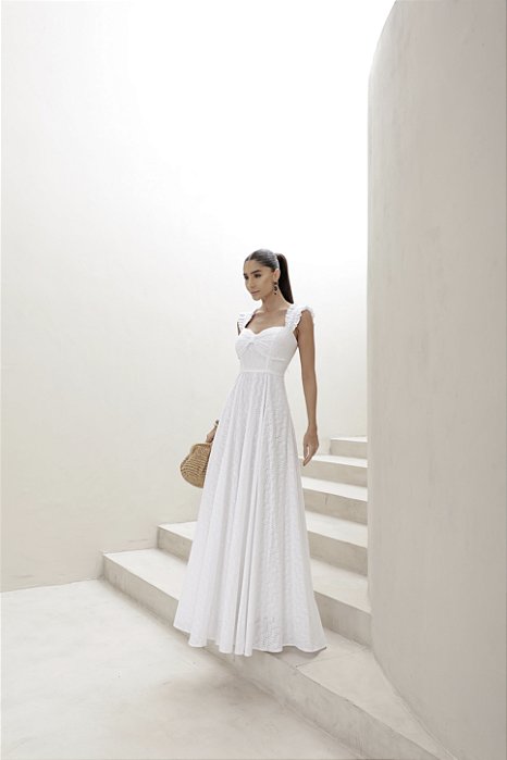 VESTIDO LONGO EM LAISE CURAÇAO COM BABADOS - BRANCO