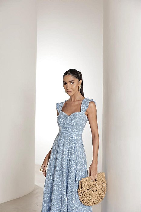 VESTIDO LONGO EM LAISE CURAÇAO COM BABADOS - AZUL CLARO