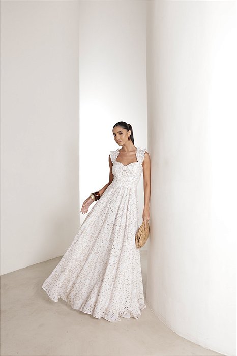 VESTIDO LONGO EM LAISE CURAÇAO COM BABADOS - BRANCO COM BEGE