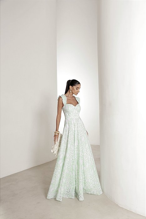 VESTIDO LONGO EM LAISE CURAÇAO COM BABADOS - VERDE LIMÃO