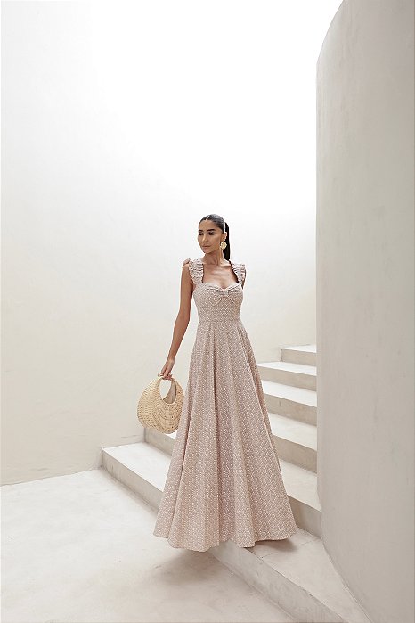 VESTIDO LONGO EM LAISE CURAÇAO COM BABADOS - BEGE