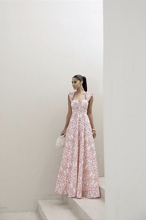 VESTIDO LONGO EM LAISE CURAÇAO COM BABADOS - LARANJA