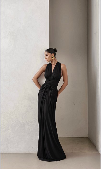 VESTIDO LONGO DRAPEADO COSTAS ARCO JENNYFER - PRETO