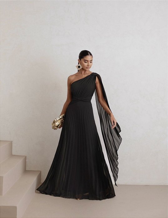 VESTIDO DE FESTA SIMONE COM CALDA - PRETO