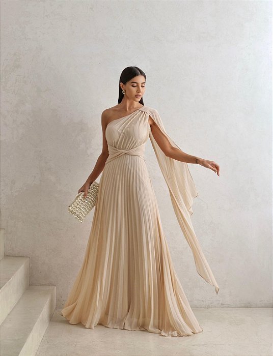 VESTIDO DE FESTA SIMONE COM CALDA - BEGE