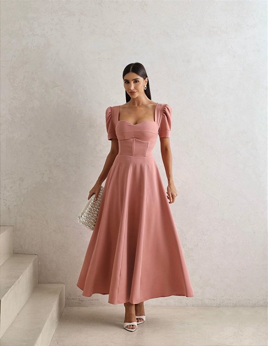 VESTIDO MIDI ALFAIATARIA MANGA BUFANTE - ROSÉ