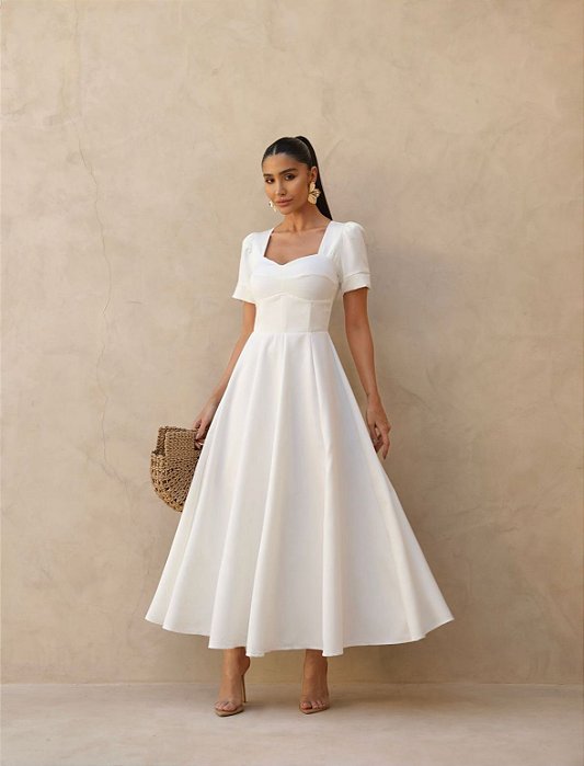 VESTIDO MIDI ALFAIATARIA MANGA BUFANTE - OFF WHITE