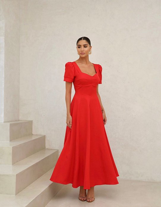 VESTIDO MIDI ALFAIATARIA MANGA BUFANTE - VERMELHO