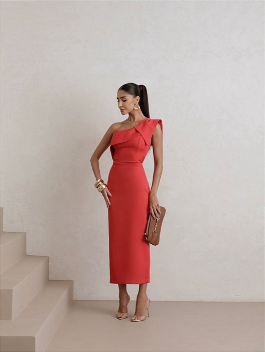 VESTIDO MIDI AURORA LAÇO OMBRO - VERMELHO