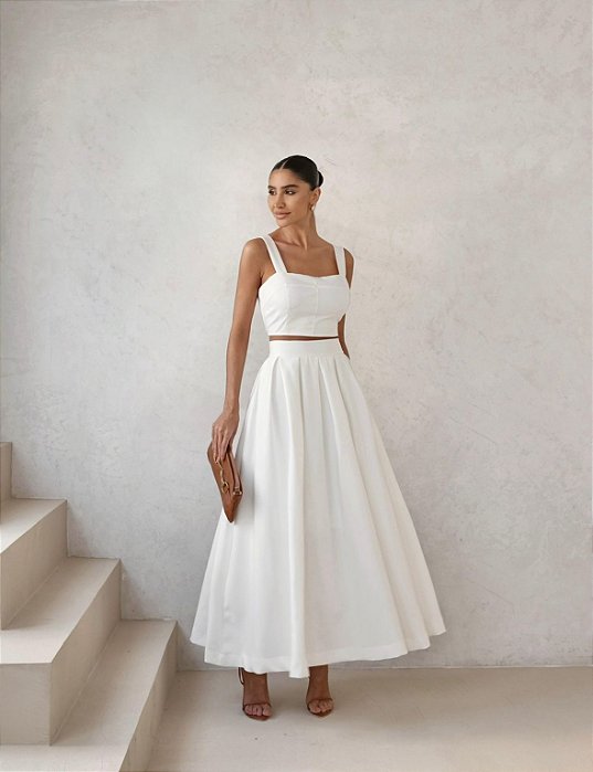 CONJUNTO LAIS ALFAIATARIA CROPPED E SAIA MIDI - OFF WHITE