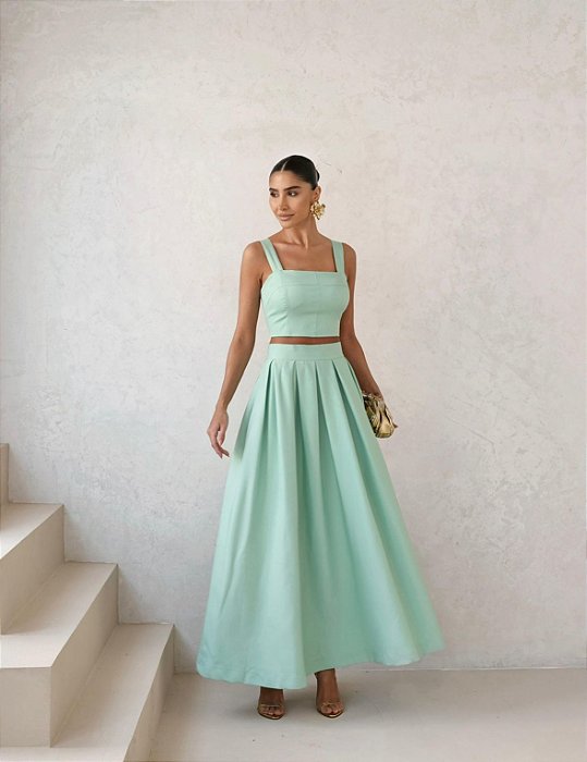 CONJUNTO LAIS ALFAIATARIA CROPPED E SAIA MIDI - VERDE