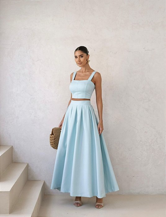 CONJUNTO LAIS ALFAIATARIA CROPPED E SAIA MIDI - AZUL CLARO
