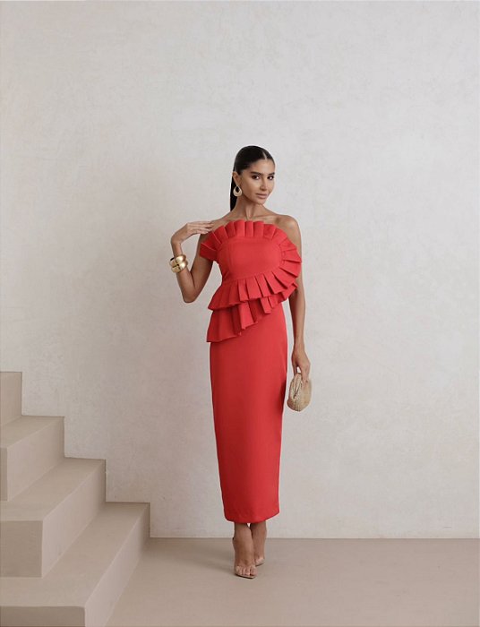 VESTIDO MIDI SAFIRA ALFAIATARIA - VERMELHO
