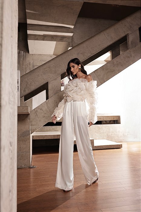 CALÇA PANTALONA ACETINADA CELEBRATION - OFF WHITE