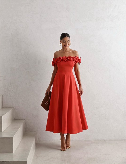 VESTIDO MIDI ROSAS OMBRO A OMBRO - VERMELHO