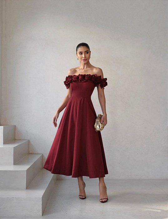 VESTIDO MIDI ROSAS OMBRO A OMBRO - MARSALA