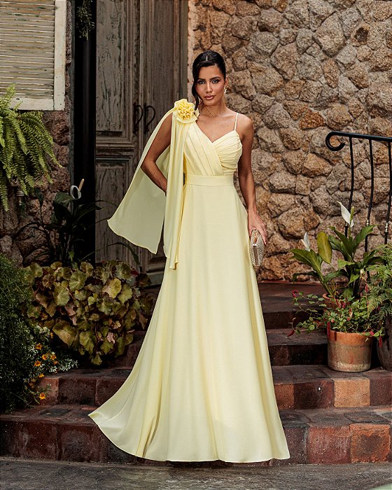 VESTIDO DE FESTA ORQUIDEA CREPE MUSSELINE - AMARELO