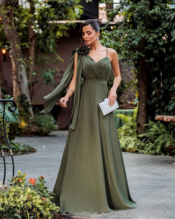 VESTIDO DE FESTA ORQUIDEA CREPE MUSSELINE - VERDE OLIVA