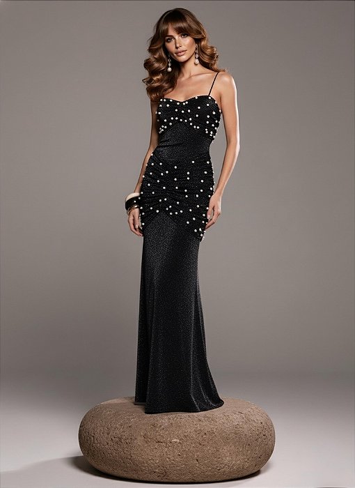 VESTIDO LONGO DRAPEADO PÉROLAS CELEBRATION - PRETO