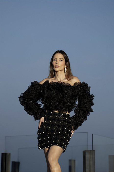BLUSA BABADOS ORGANZA CELEBRATION - PRETO
