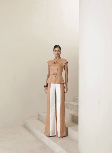 CONJUNTO ATENAS BICOLOR 100% LINHO - CAMEL