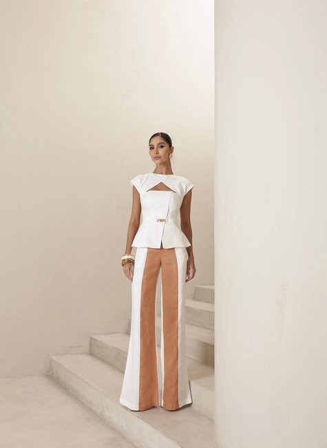 CONJUNTO ATENAS BICOLOR 100% LINHO - BRANCO