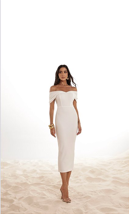 VESTIDO MIDI LÁPIS MANGA PREGAS - BRANCO