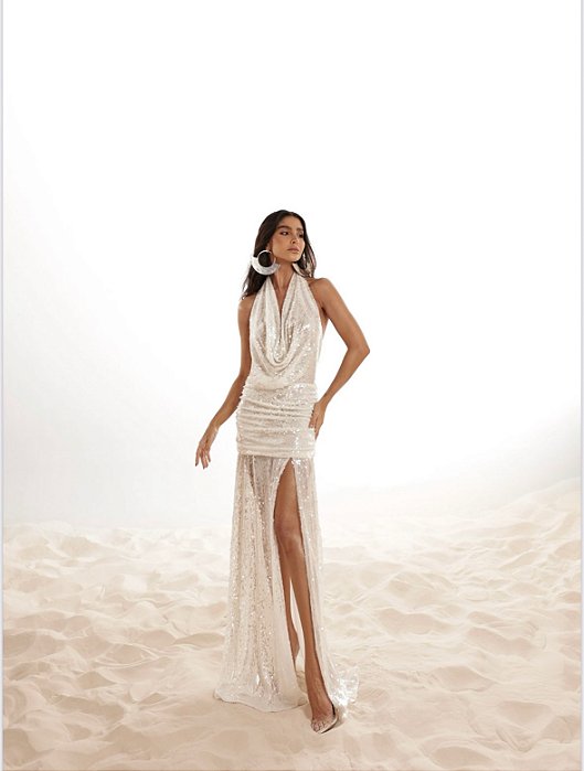 VESTIDO LONGO PAETÊ FRENTE ÚNICA JERICOACOARA - BRANCO