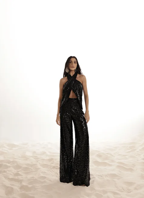 CONJUNTO PAETÊ BLUSA CRUZADA JERICOACOARA - PRETO