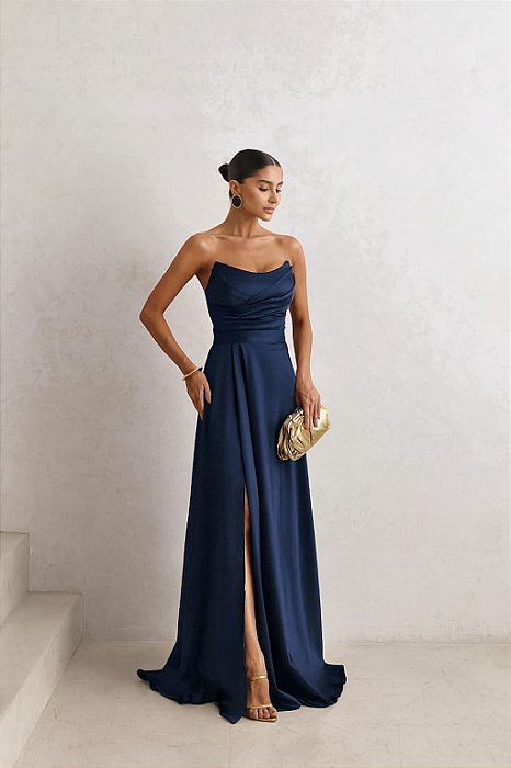 VESTIDO DE FESTA CINTIA T.Q.C LONGO FENDA - AZUL MARINHO