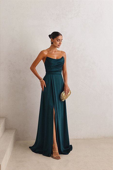 VESTIDO DE FESTA CINTIA T.Q.C LONGO FENDA - VERDE ESMERALDA