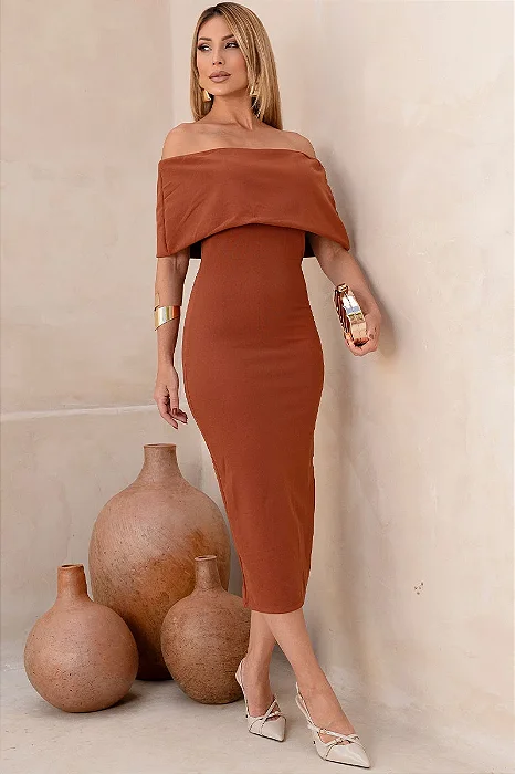 VESTIDO AYLA MIDI OMBRO A OMBRO - MARROM