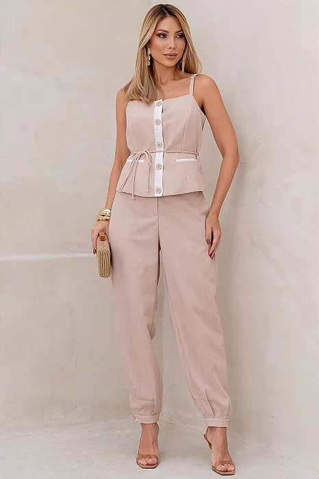 CONJUNTO AGNES CALÇA E BLUSA DETALHE BOTÕES - BEGE