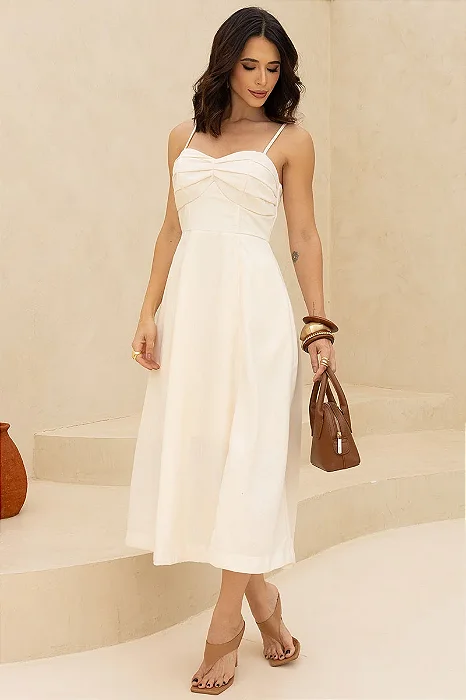 VESTIDO ELIZANDRA ALÇAS FINAS PREGAS BUSTO - BEGE