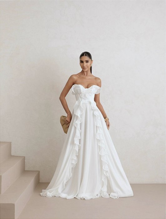 VESTIDO LONGO PUNTA CANA BABADOS CHIFON - OFF WHITE