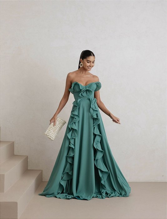 VESTIDO LONGO PUNTA CANA BABADOS CHIFON - VERDE