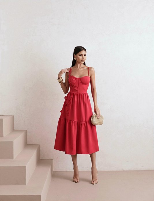 VESTIDO MIDI ALFAIATARIA DETALHE BORBOLETAS - VERMELHO