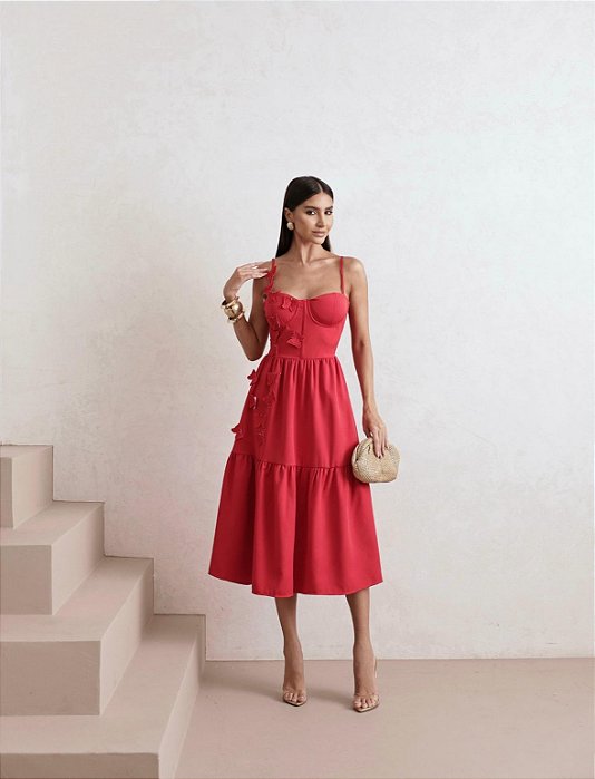 VESTIDO MIDI ALFAIATARIA DETALHE BORBOLETAS - VERMELHO