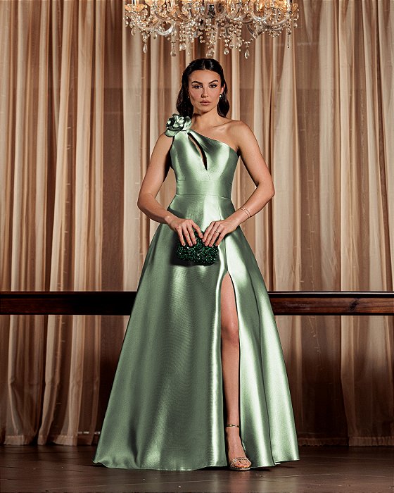 VESTIDO DE FESTA PALOMA ZIBELINE UM OMBRO - VERDE MENTA