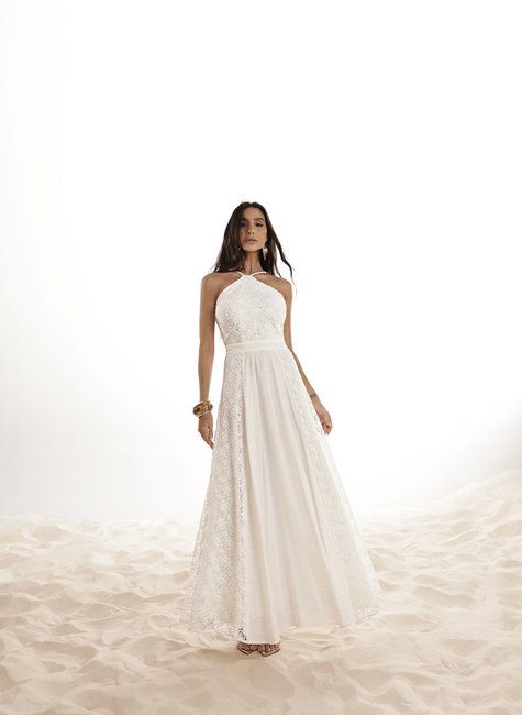 VESTIDO GUIPURE DETALHE LISO - OFF WHITE