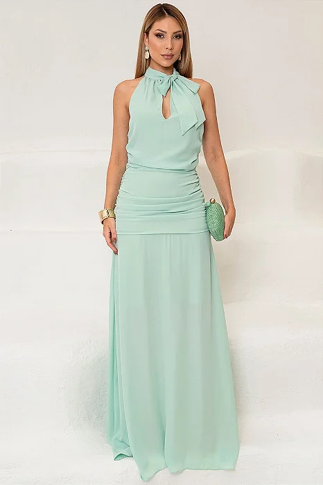 VESTIDO LINIK LONGO CREPE DRAPEADO ZÍPER COSTAS - VERDE MENTA