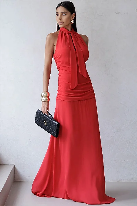 VESTIDO LINIK LONGO CREPE DRAPEADO ZÍPER COSTAS - VERMELHO