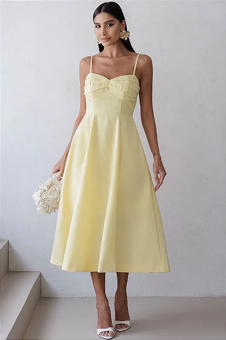 VESTIDO ELIZANDRA ALÇAS FINAS PREGAS BUSTO - AMARELO