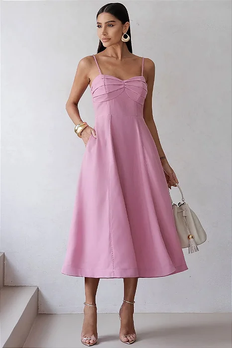 VESTIDO ELIZANDRA ALÇAS FINAS PREGAS BUSTO - ROSA
