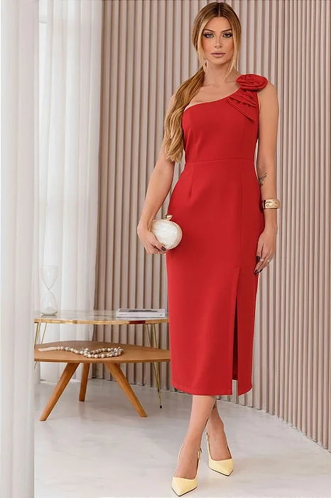 VESTIDO CELINY MIDI COM DETALHE FLOR - VERMELHO