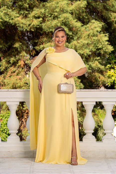 VESTIDO VÂNIA UM OMBRO DETALHE CAPA FLOR PLUS - AMARELO