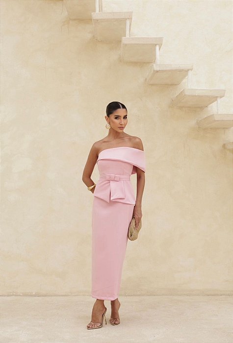 VESTIDO ESPANHA LONGUETE UM OMBRO COM CINTO - ROSA