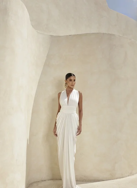VESTIDO LONGO DRAPEADO COSTAS ARCO JENNYFER - BRANCO