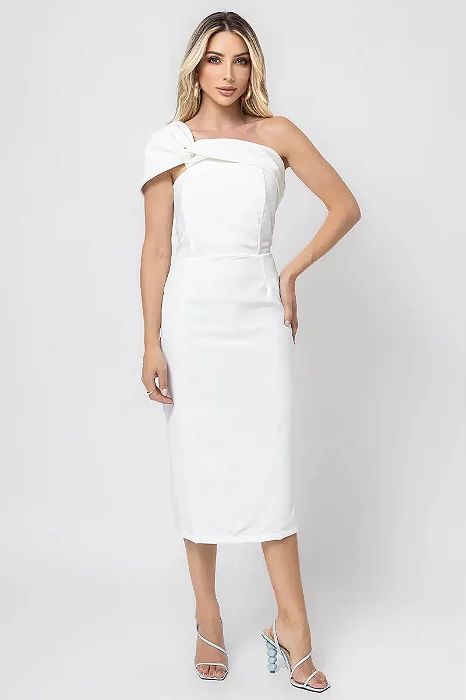 VESTIDO MIDI DETALHE UM OMBRO SAMARA - OFF WHITE